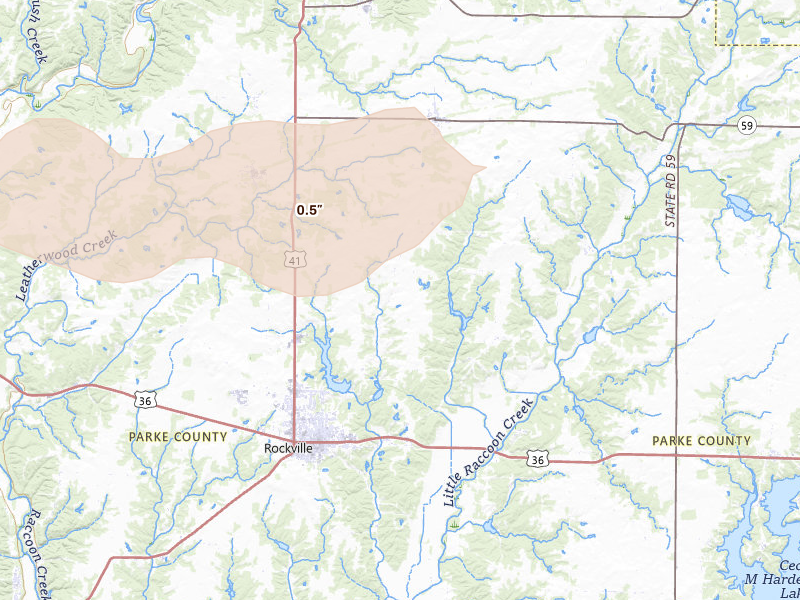 Radar-estimated hail-size map of the storm over Rockville, IN on Mar 22, 2026