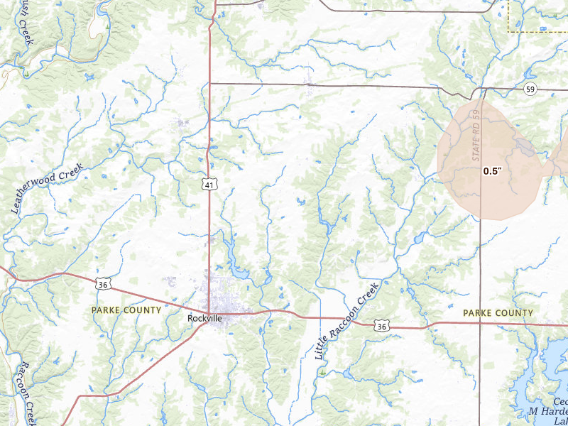 Radar-estimated hail-size map of the storm over Rockville, IN on Jun 11, 2026