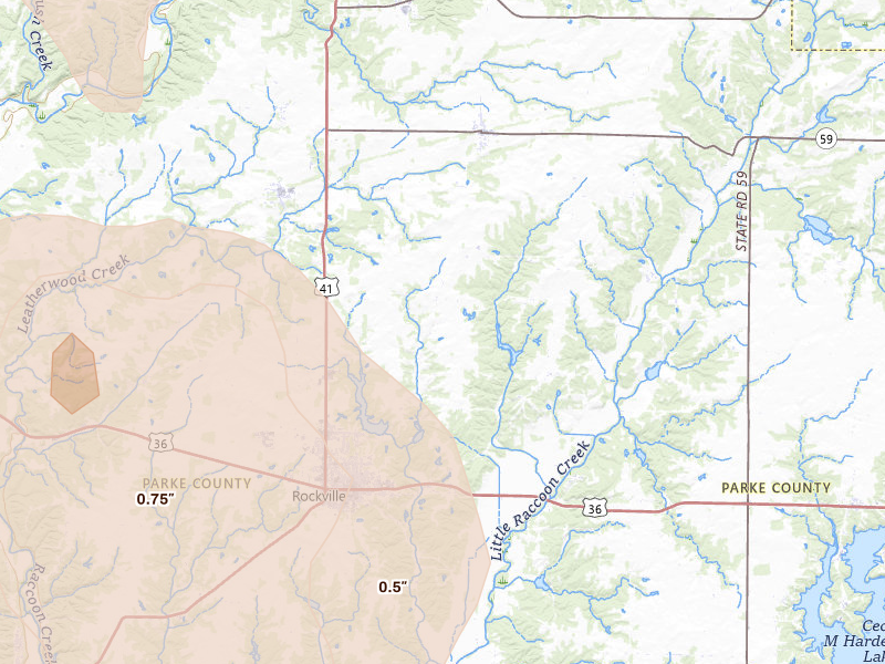 Radar-estimated hail-size map of the storm over Rockville, IN on Jul 27, 2026