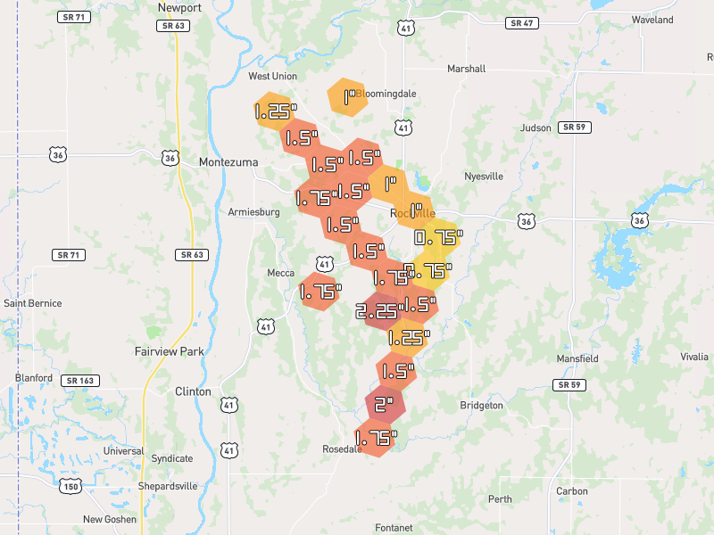 Hail map of Rockville, IN on Jul 28, 2026, hail up to 2.25"