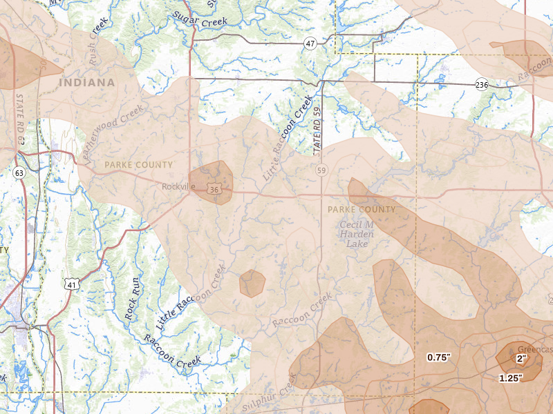 Radar-estimated hail-size map of the storm over Rockville, IN on Aug 11, 2026