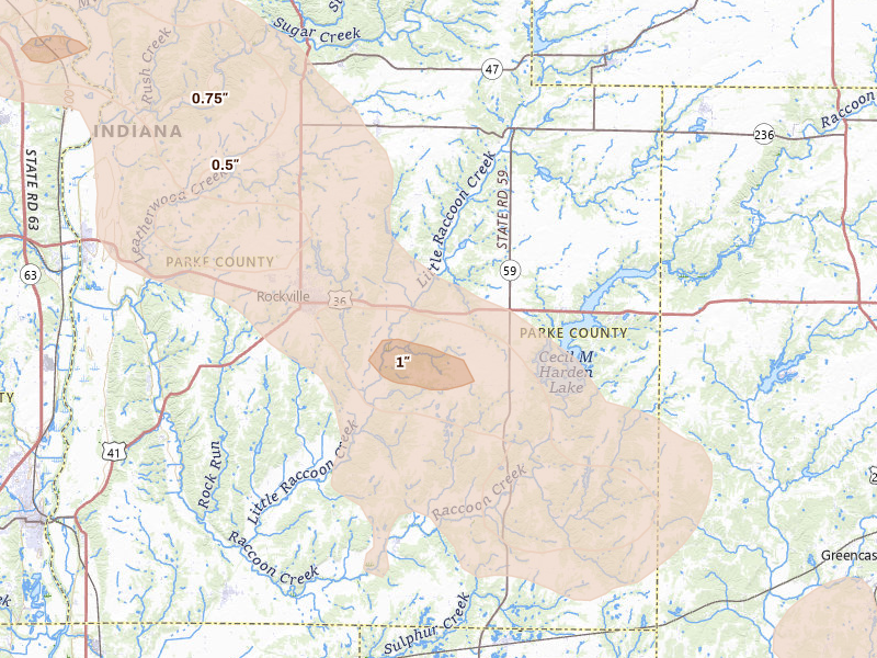 Radar-estimated hail-size map of the storm over Rockville, IN on Aug 13, 2026