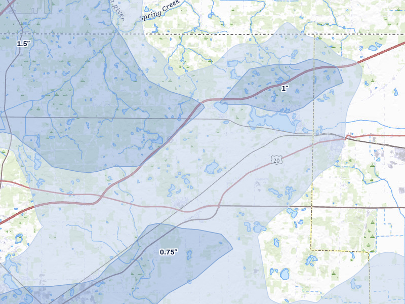 NEXRAD radar-signature map of the hail storm over Rolling Prairie, IN on Aug 9, 2026
