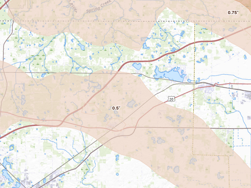 Radar-estimated hail-size map of the storm over Rolling Prairie, IN on Aug 10, 2026