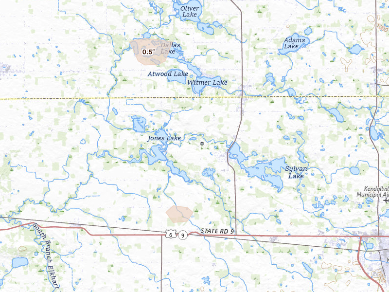 Radar-estimated hail-size map of the storm over Rome City, IN on Jun 6, 2026