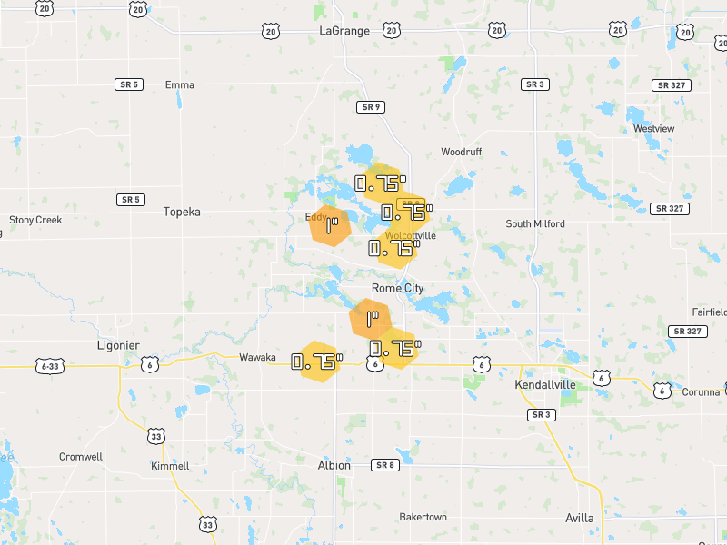 Hail map of Rome City, IN on Jun 6, 2026, hail up to 1"