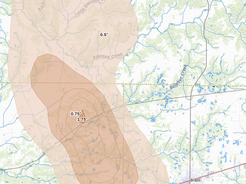 Radar-estimated hail-size map of the storm over Rosedale, IN on Jul 27, 2026