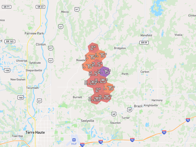 Hail map of Rosedale, IN on Jul 28, 2026, hail up to 2.75"
