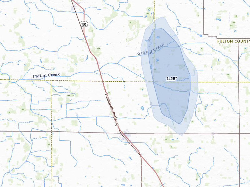 NEXRAD radar-signature map of the hail storm over Royal Center, IN on Jul 20, 2026