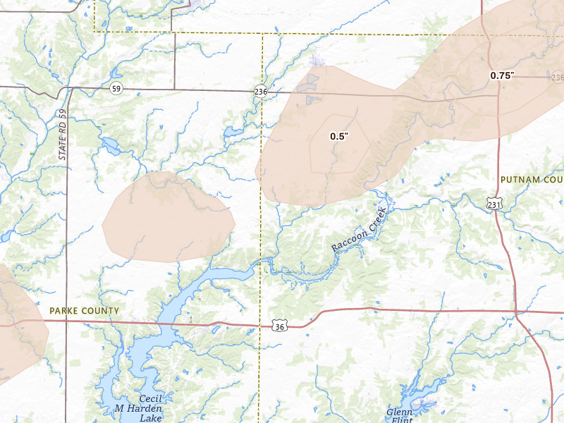 Radar-estimated hail-size map of the storm over Russellville, IN on Apr 27, 2026