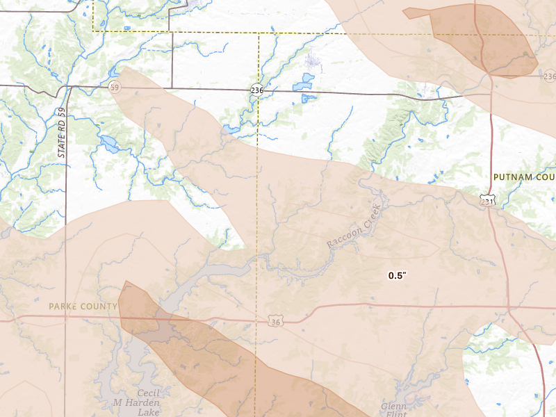 Radar-estimated hail-size map of the storm over Russellville, IN on Aug 11, 2026