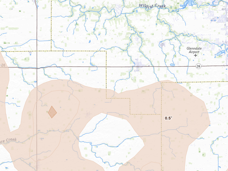 Radar-estimated hail-size map of the storm over Russiaville, IN on Mar 26, 2026