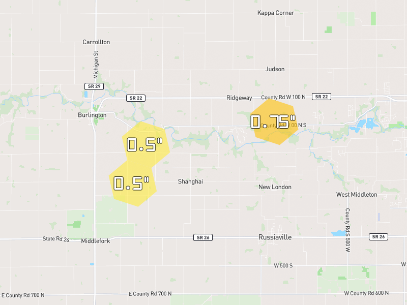 Hail map of Russiaville, IN on Jun 6, 2026, hail up to 0.75"