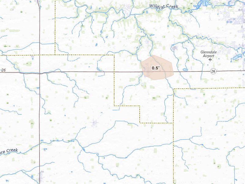 Radar-estimated hail-size map of the storm over Russiaville, IN on Aug 26, 2026