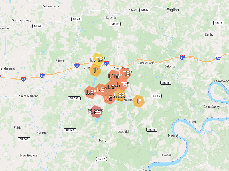 Hail map of Saint Croix, IN on Jul 21, 2026, hail up to 2.25"