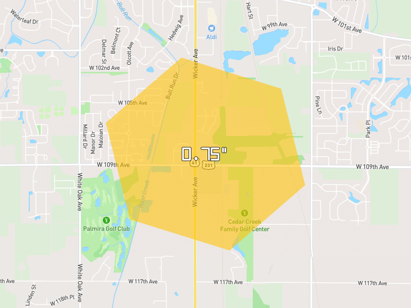 Hail map of Saint John, IN on Jun 6, 2026, hail up to 0.75"