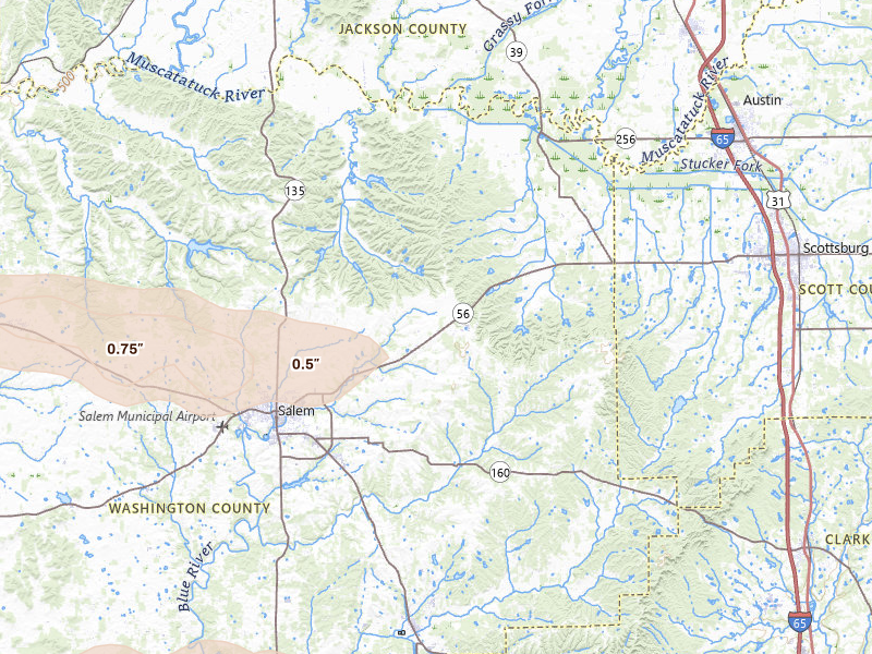 Radar-estimated hail-size map of the storm over Salem, IN on Mar 4, 2026