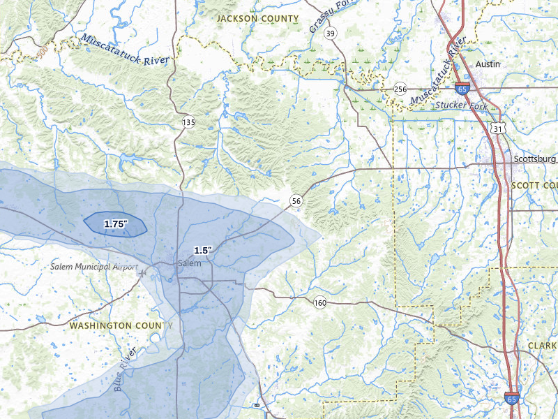 NEXRAD radar-signature map of the hail storm over Salem, IN on Mar 4, 2026