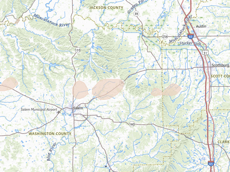 Radar-estimated hail-size map of the storm over Salem, IN on Apr 1, 2026