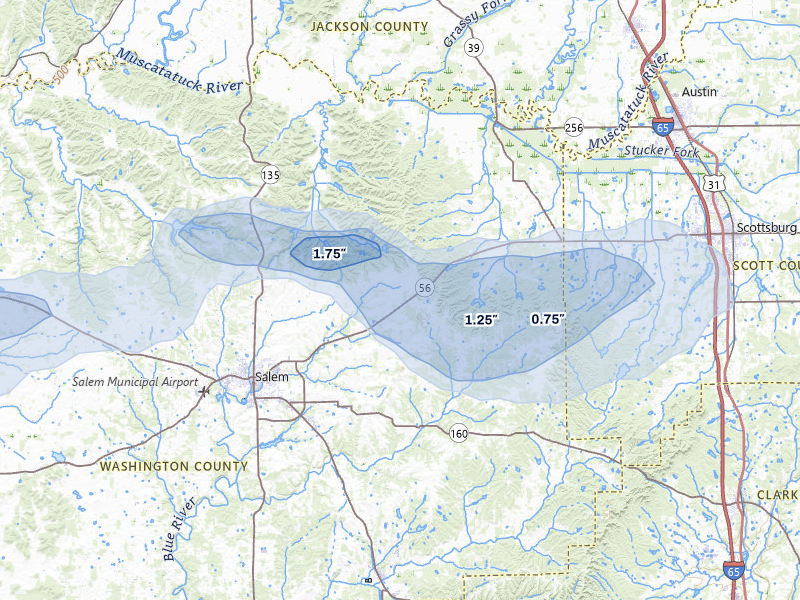 NEXRAD radar-signature map of the hail storm over Salem, IN on Apr 1, 2026