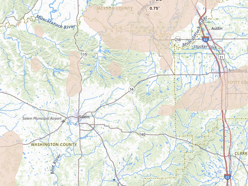 Radar-estimated hail-size map of the storm over Salem, IN on Apr 27, 2026