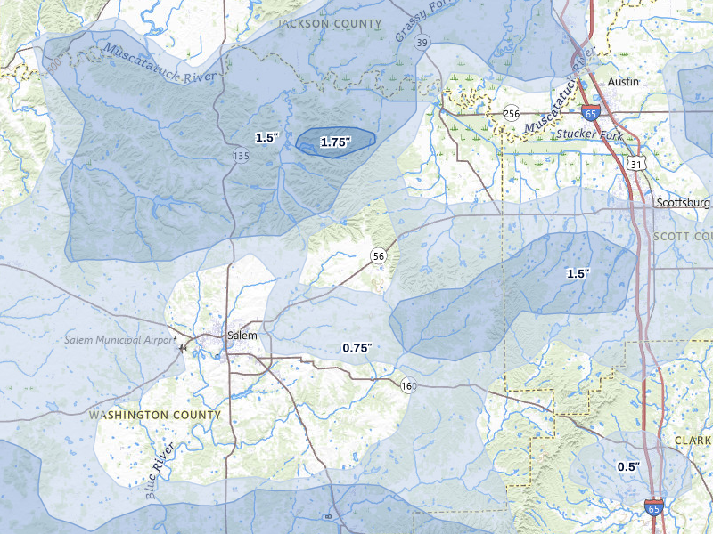 NEXRAD radar-signature map of the hail over Salem, IN
