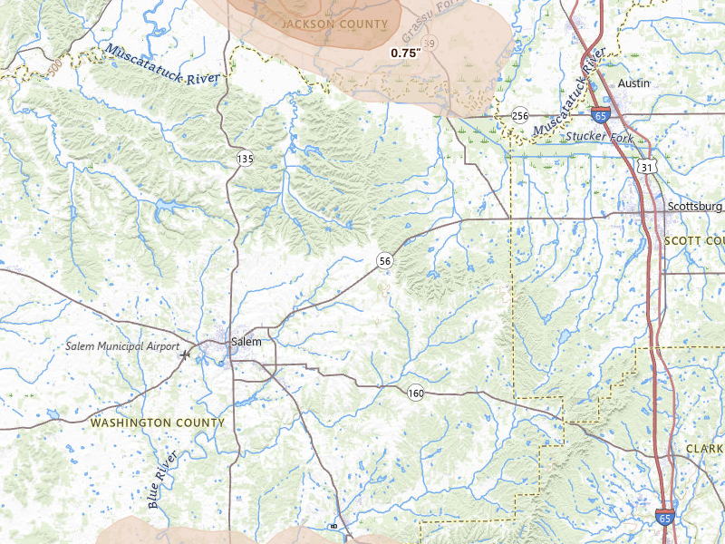 Radar-estimated hail-size map of the storm over Salem, IN on Jul 21, 2026