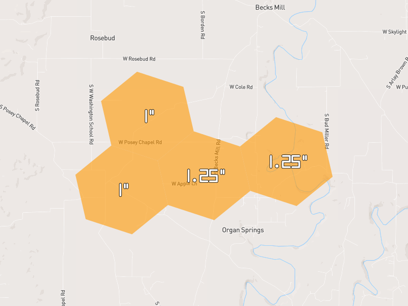 Hail map of Salem, IN on Jul 21, 2026, hail up to 1.25"