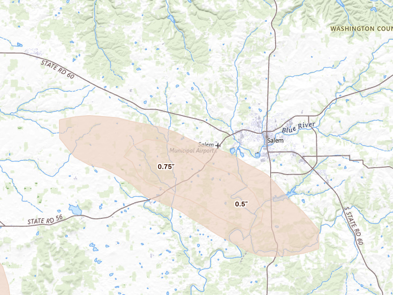 Radar-estimated hail-size map of the storm over Salem, IN on Aug 11, 2026