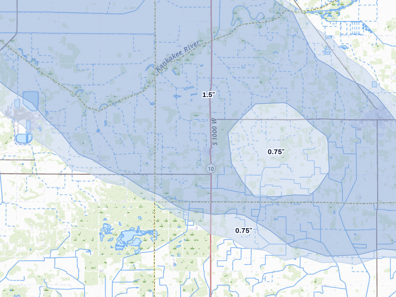 NEXRAD radar-signature map of the hail over San Pierre, IN