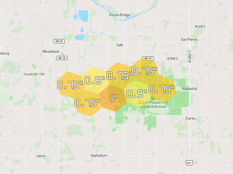 Hail map of San Pierre, IN on Jun 6, 2026, hail up to 1"