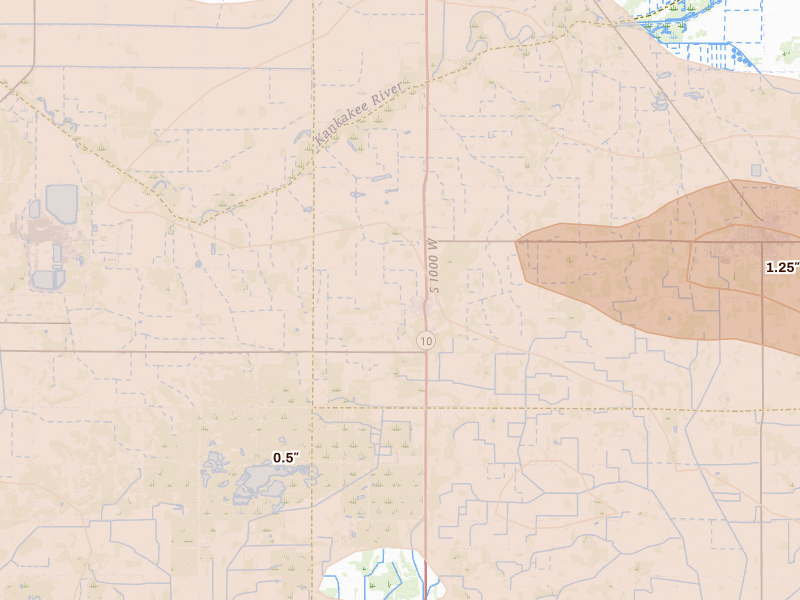Radar-estimated hail-size map of the storm over San Pierre, IN on Aug 10, 2026