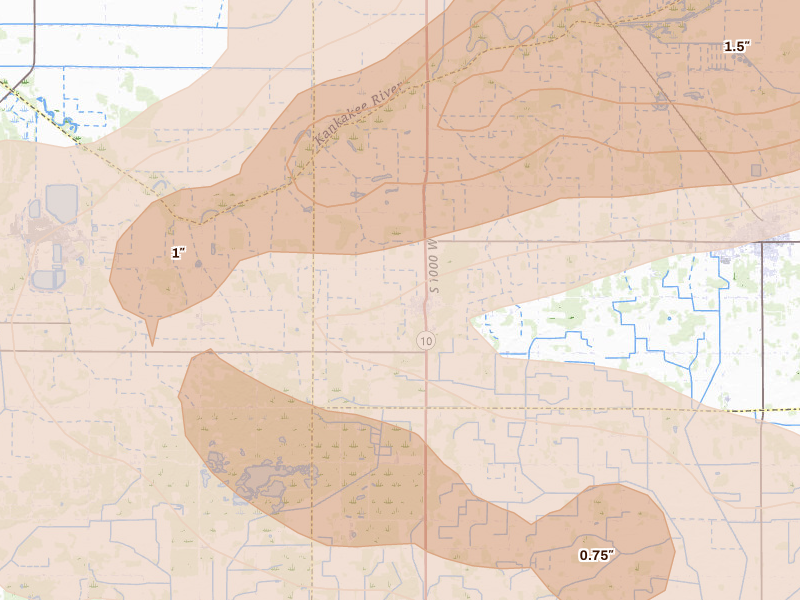 Radar-estimated hail-size map of the storm over San Pierre, IN on Aug 11, 2026