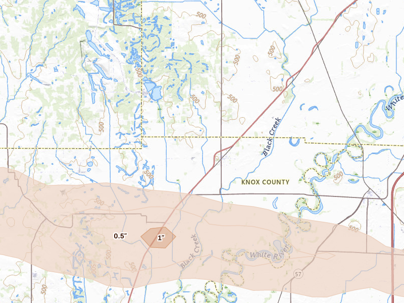 Radar-estimated hail-size map of the storm over Sandborn, IN on Mar 4, 2026