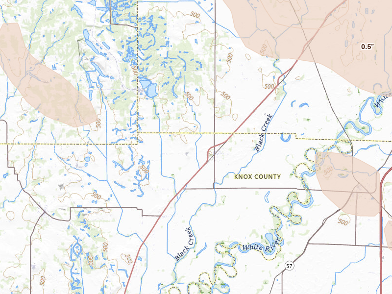 Radar-estimated hail-size map of the storm over Sandborn, IN on Jun 9, 2026