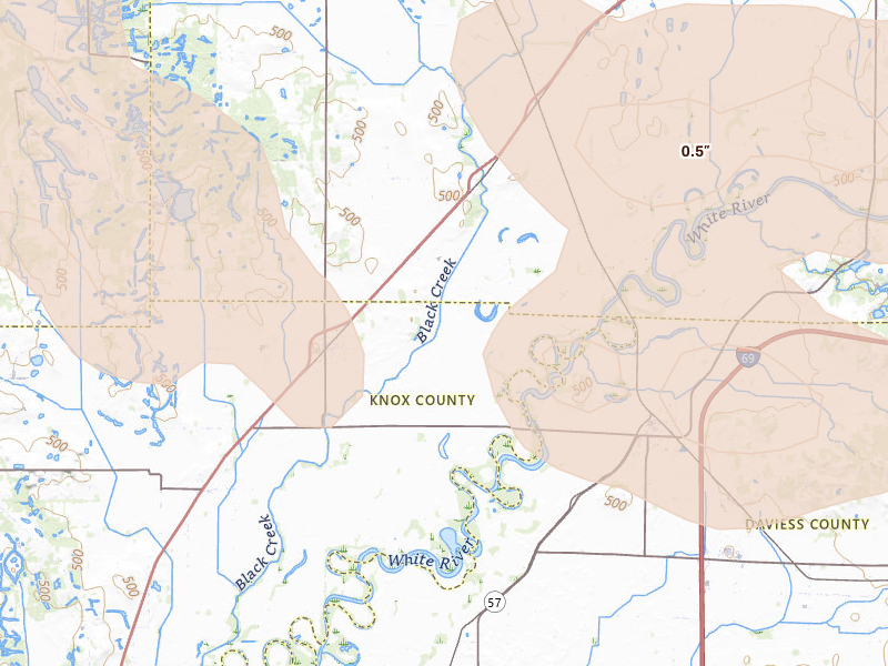 Radar-estimated hail-size map of the storm over Sandborn, IN on Aug 11, 2026