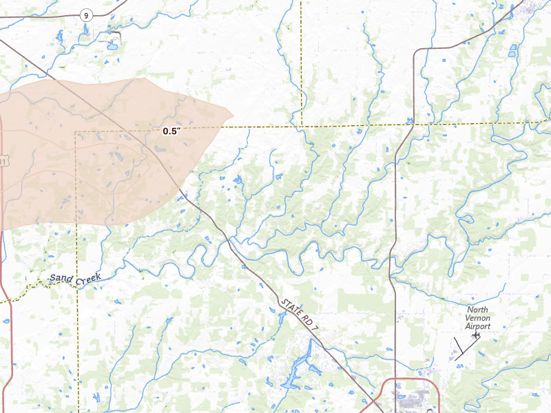 Radar-estimated hail-size map of the storm over Scipio, IN on May 15, 2026
