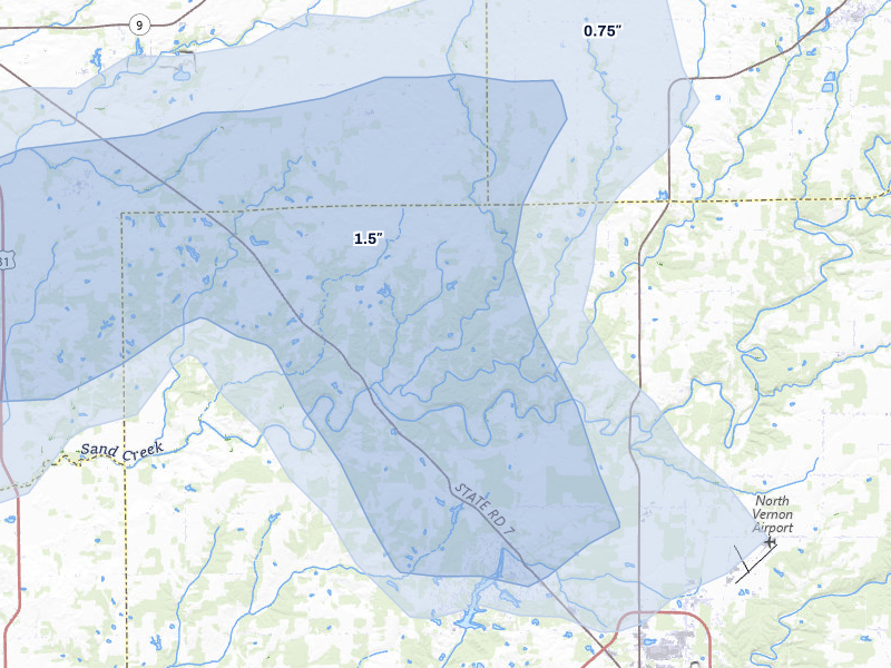 NEXRAD radar-signature map of the hail storm over Scipio, IN on May 15, 2026
