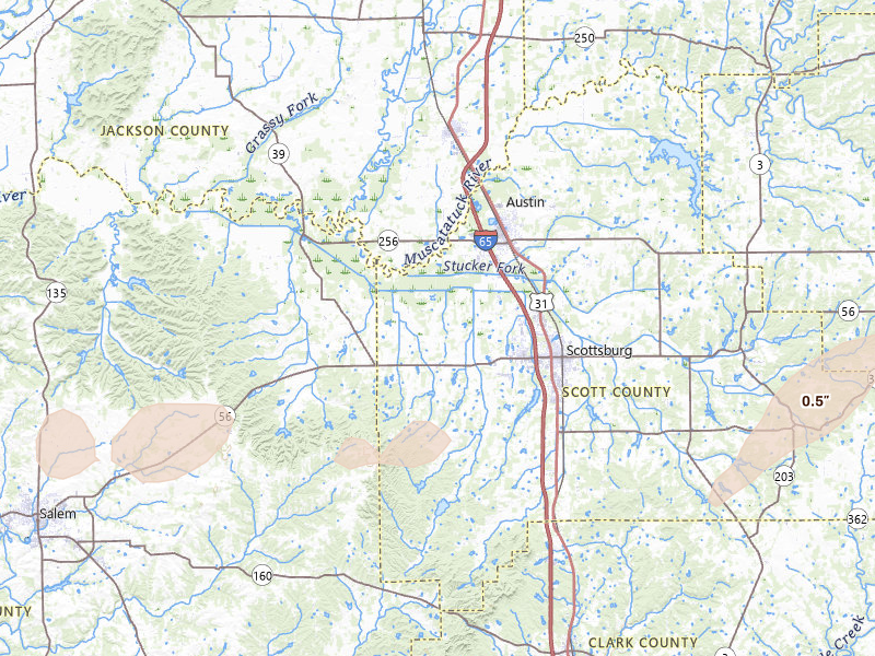 Radar-estimated hail-size map of the storm over Scottsburg, IN on Apr 1, 2026