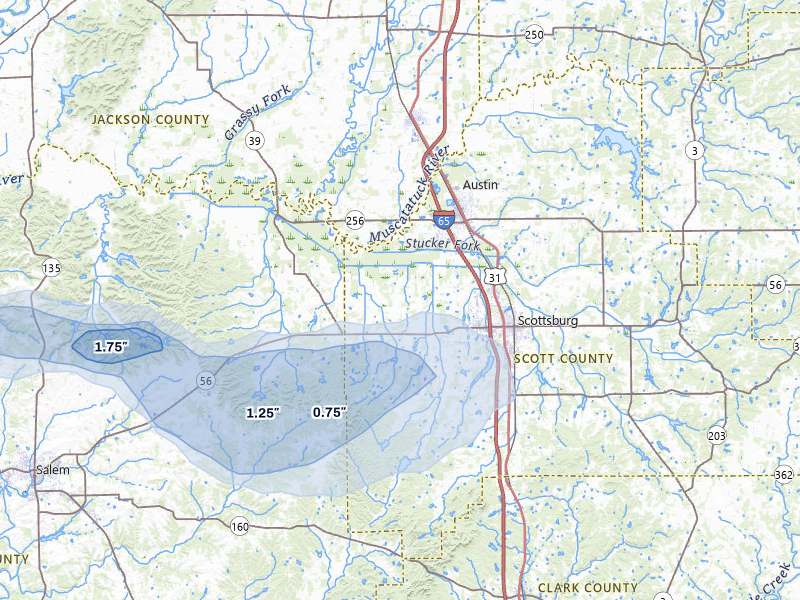 NEXRAD radar-signature map of the hail storm over Scottsburg, IN on Apr 1, 2026