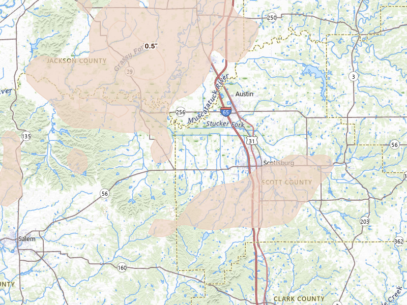 Radar-estimated hail-size map of the storm over Scottsburg, IN on Apr 27, 2026