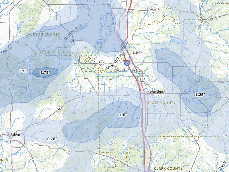NEXRAD radar-signature map of the hail over Scottsburg, IN