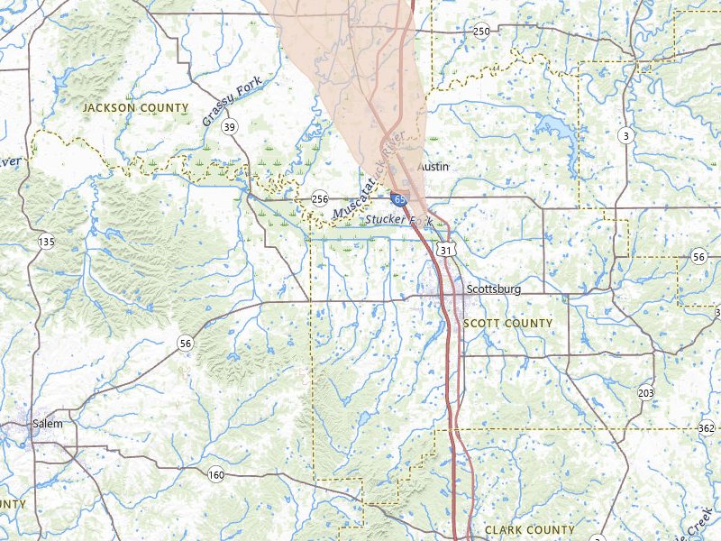Radar-estimated hail-size map of the storm over Scottsburg, IN on Jul 27, 2026
