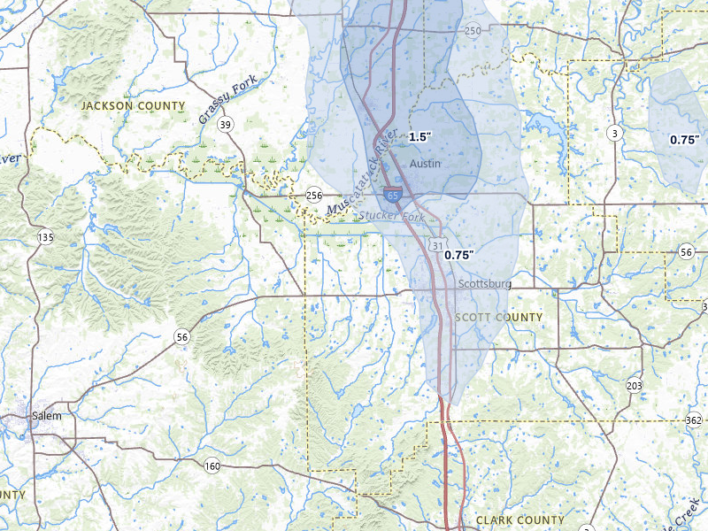 NEXRAD radar-signature map of the hail storm over Scottsburg, IN on Jul 27, 2026