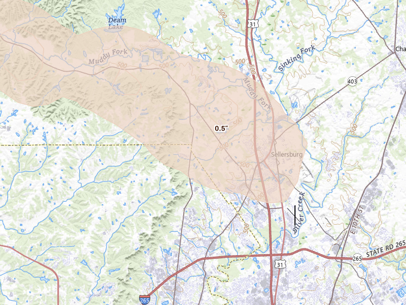 Radar-estimated hail-size map of the storm over Sellersburg, IN on Jul 21, 2026