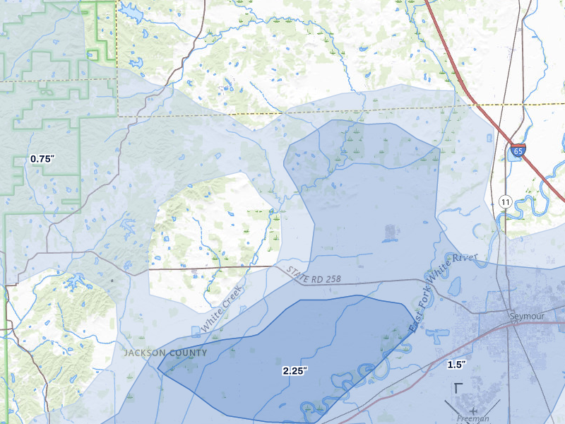 NEXRAD radar-signature map of the hail over Seymour, IN