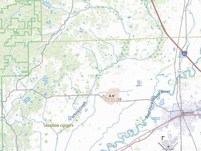 Radar-estimated hail-size map of the storm over Seymour, IN on May 19, 2026