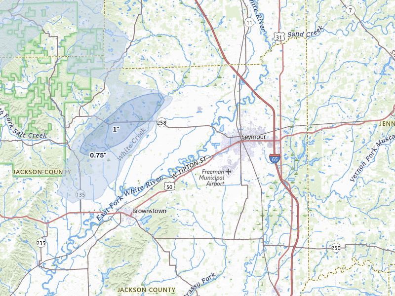 NEXRAD radar-signature map of the hail storm over Seymour, IN on Jul 3, 2026