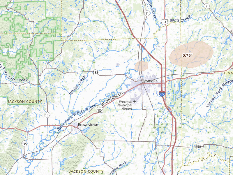 Radar-estimated hail-size map of the storm over Seymour, IN on Jul 17, 2026