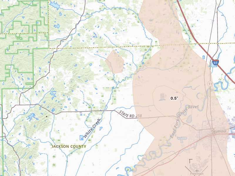 Radar-estimated hail-size map of the storm over Seymour, IN on Jul 27, 2026
